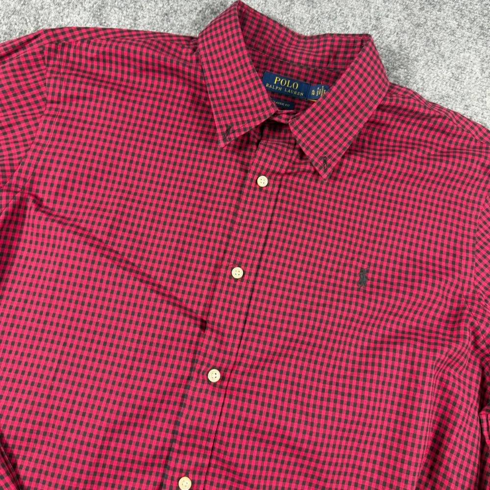 Polo Ralph Lauren Button Down Mens XL Red Black Gingham Classic Fit Long Sleeve